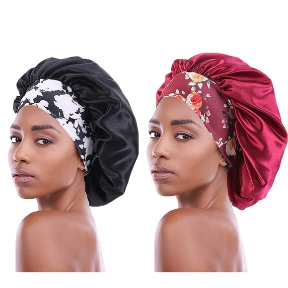 2PCS Elastic Wide Band Satin Hair Bonnets - Sleep Cap, Single Layer, Satin Cap - Picture 1 of 7